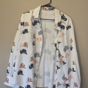 SHEIN White Button Down Shirt with Multicolor Print